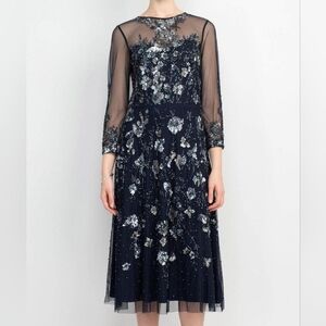 Adrianna Papell Elegant Navy Floral Embroidered Dress